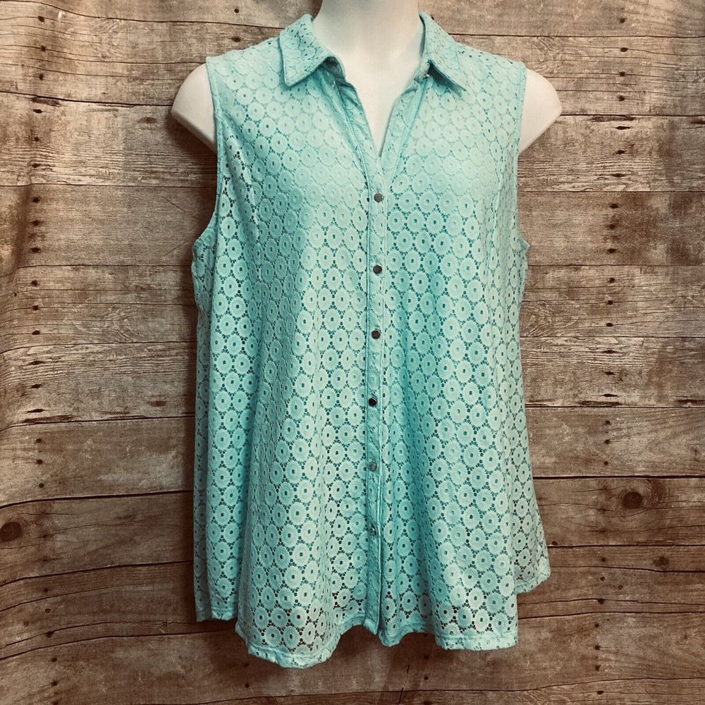 Avenue Size 18 20 Aqua 2 pc Set Sleeveless Lace Button Up Blouse and Tank Top